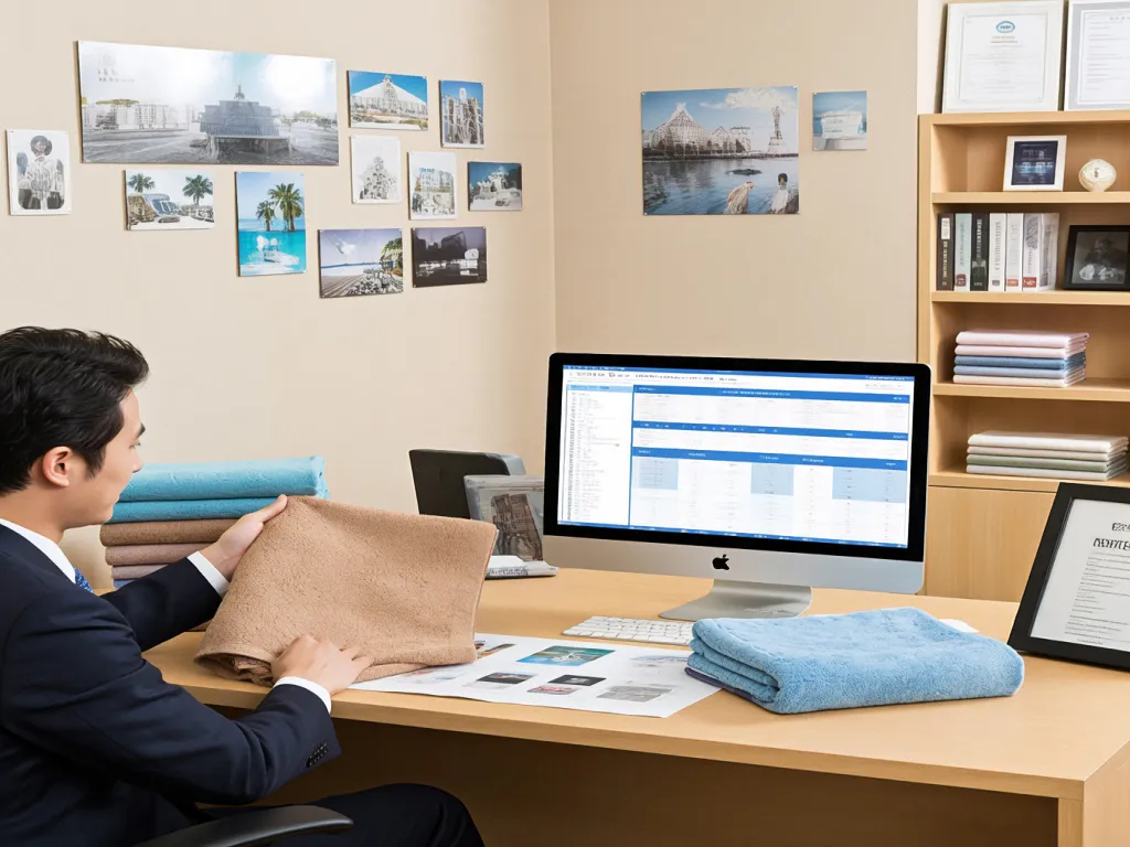 Office worker reviewing towel samples on a desk