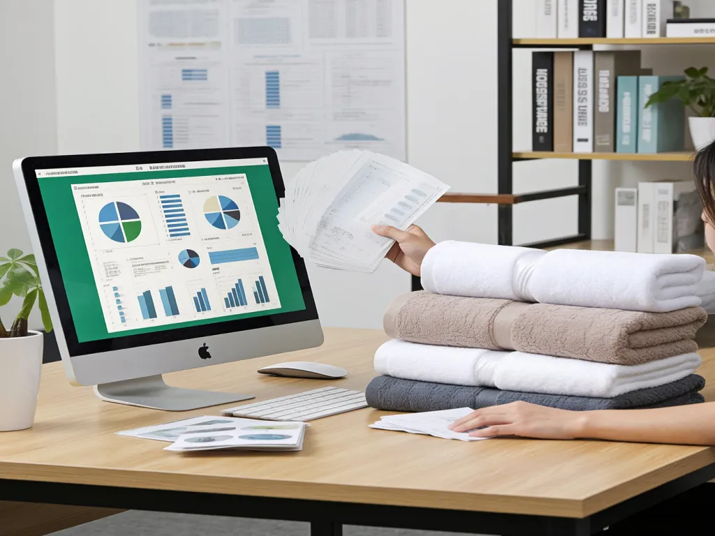 Reviewing towel sales data on a computer