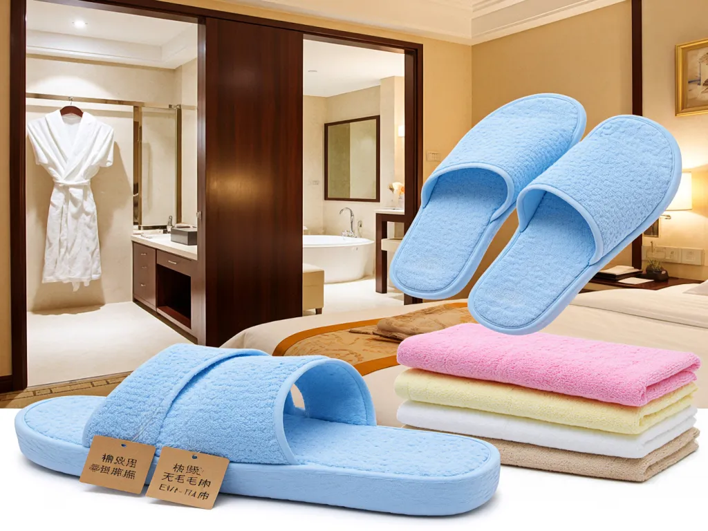 Display of hotel slippers in bulk with different colors