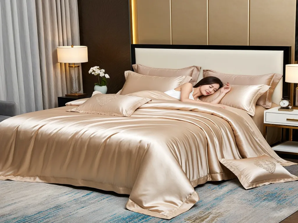 Satin bed linen sheets with a person resting