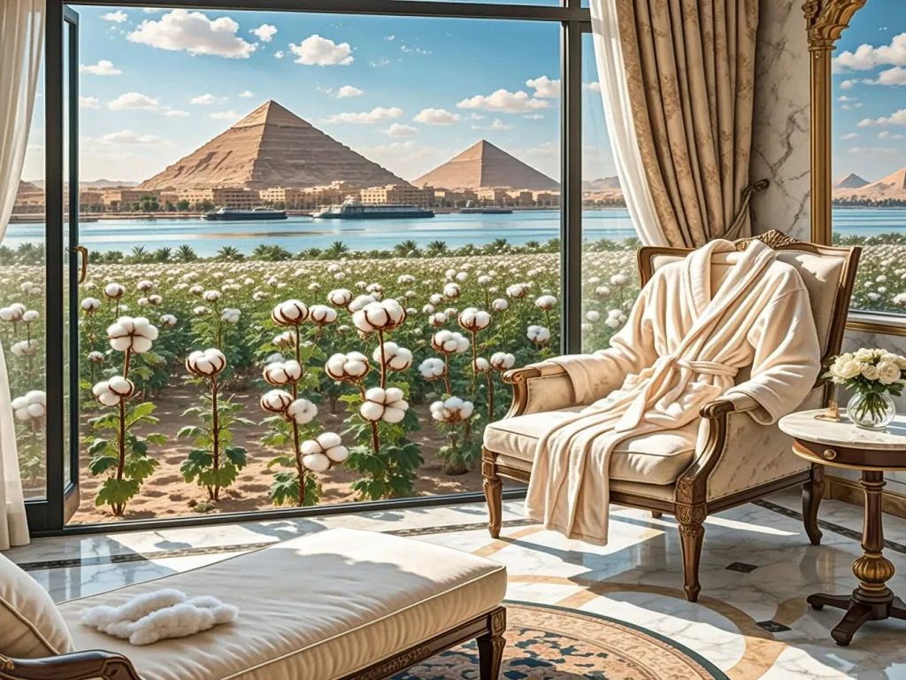 A luxury hotel bathrobe draped over a chair with a view of pyramids