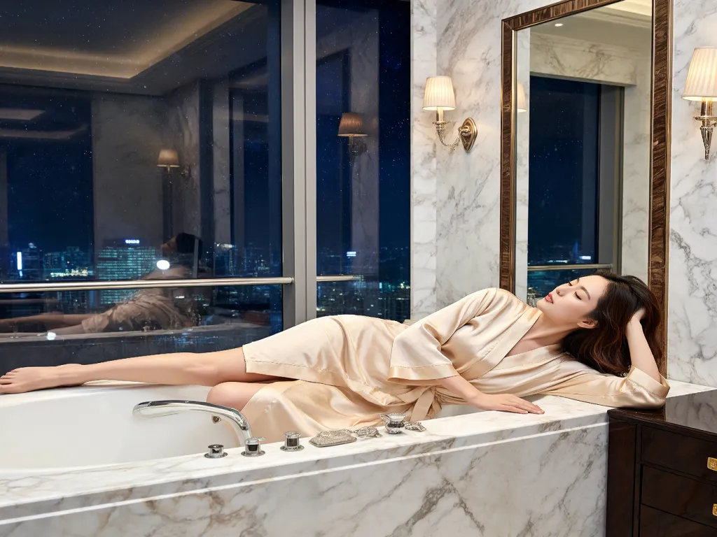 A woman relaxing in a luxury bathrobe by a bathtub