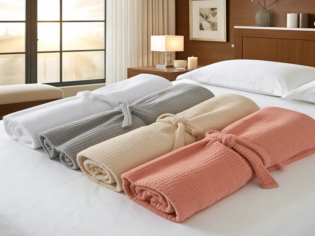 Colorful hotel bathrobes neatly placed on a bed