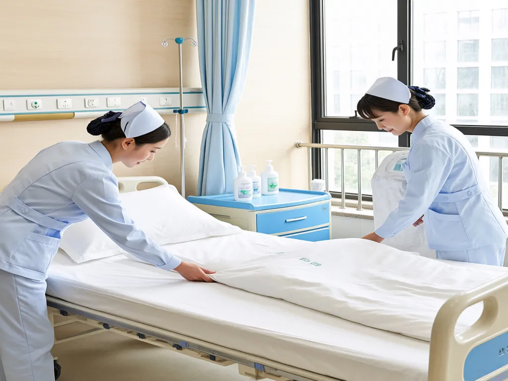 Nurses changing a bed sheet in a hospital room