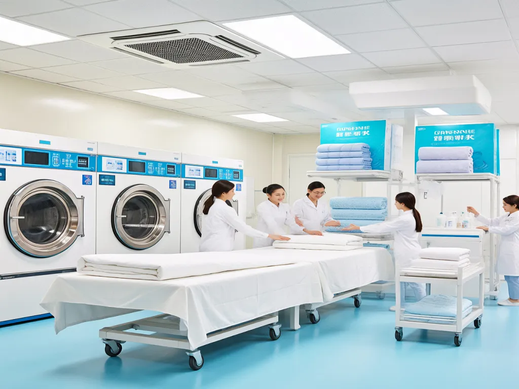 Hospital laundry staff handling bed sheets