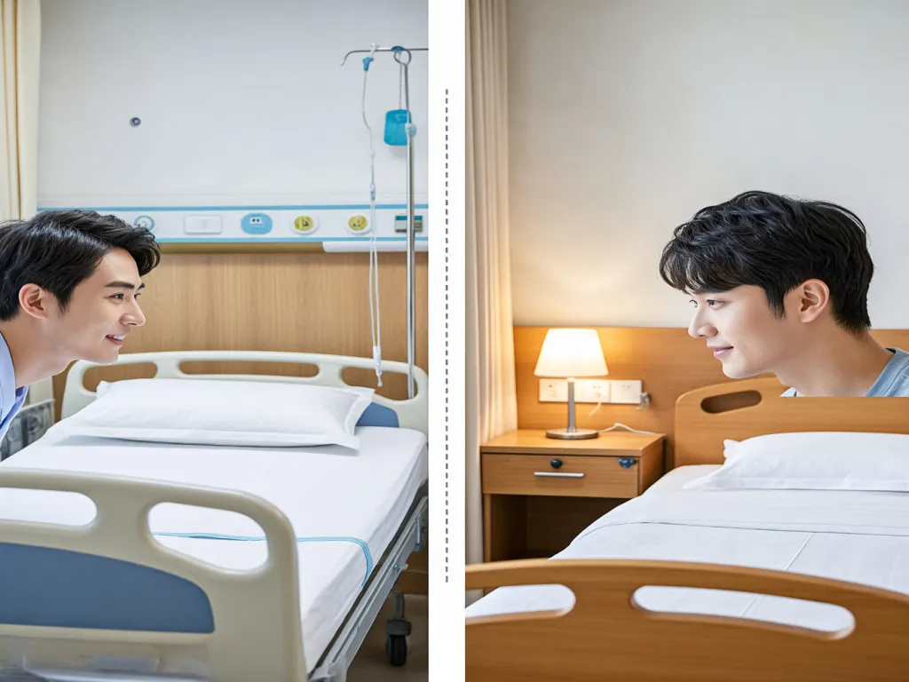 Patients interacting in hospital beds with different sheets