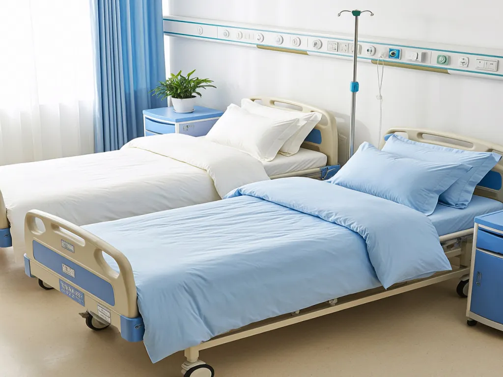 Hospital beds with neatly made bedding set