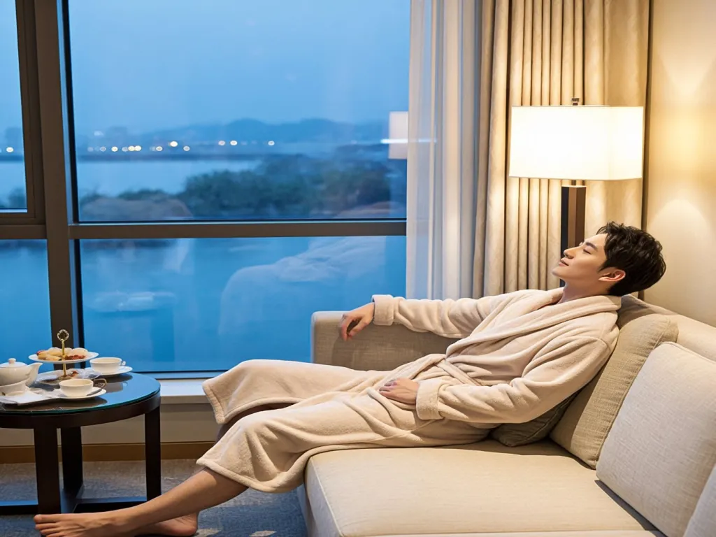A hotel guest enjoying the view in a bathrobe