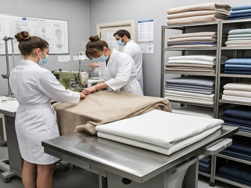 Workers producing hotel textiles in a workshop
