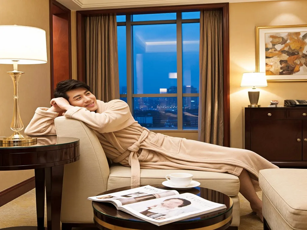 A person relaxing in a luxury hotel bathrobe