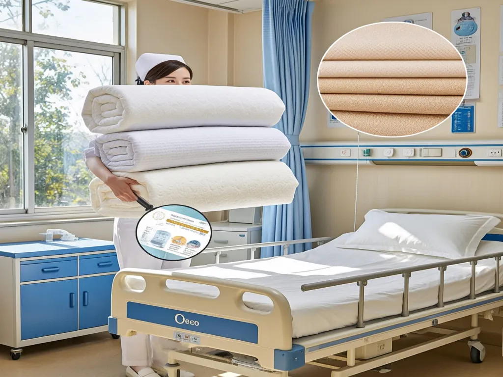 Nurse holding a stack of hospital bedding set