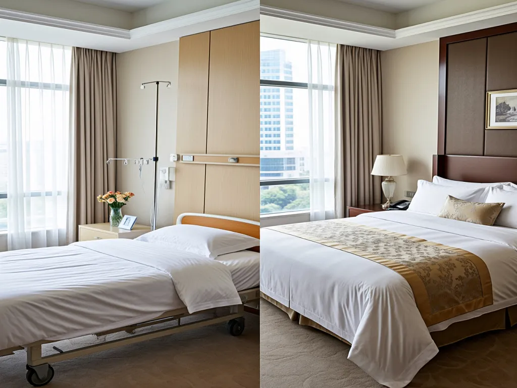 Side by side comparison of hospital and hotel beds