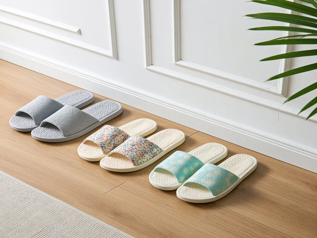 Colorful hotel slippers lined up near a white wall