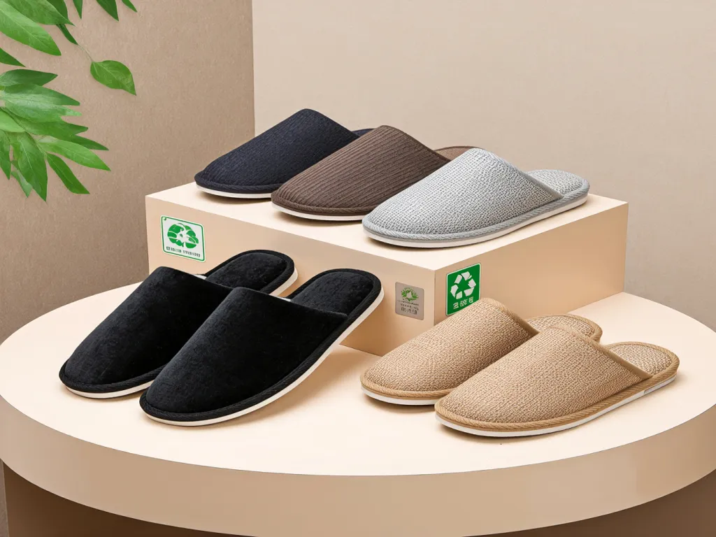 Hotel slippers arranged on a display stand