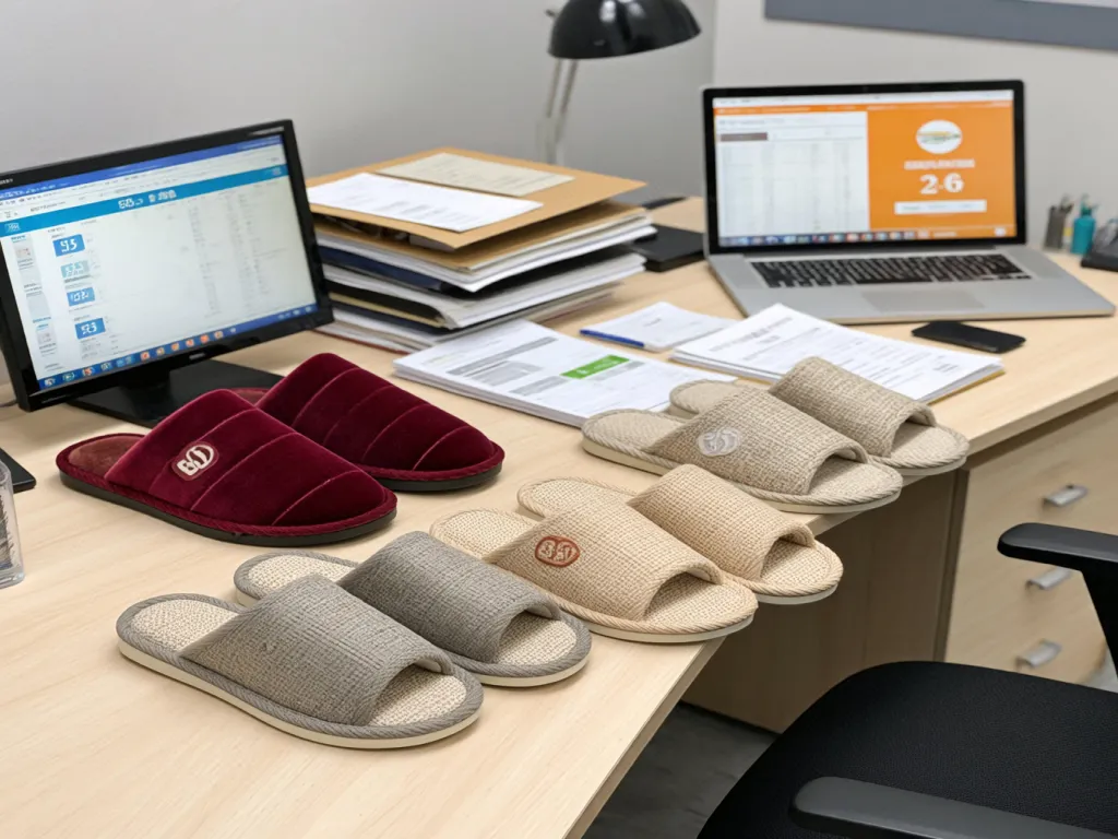Hotel slippers placed on an office desk with a computer