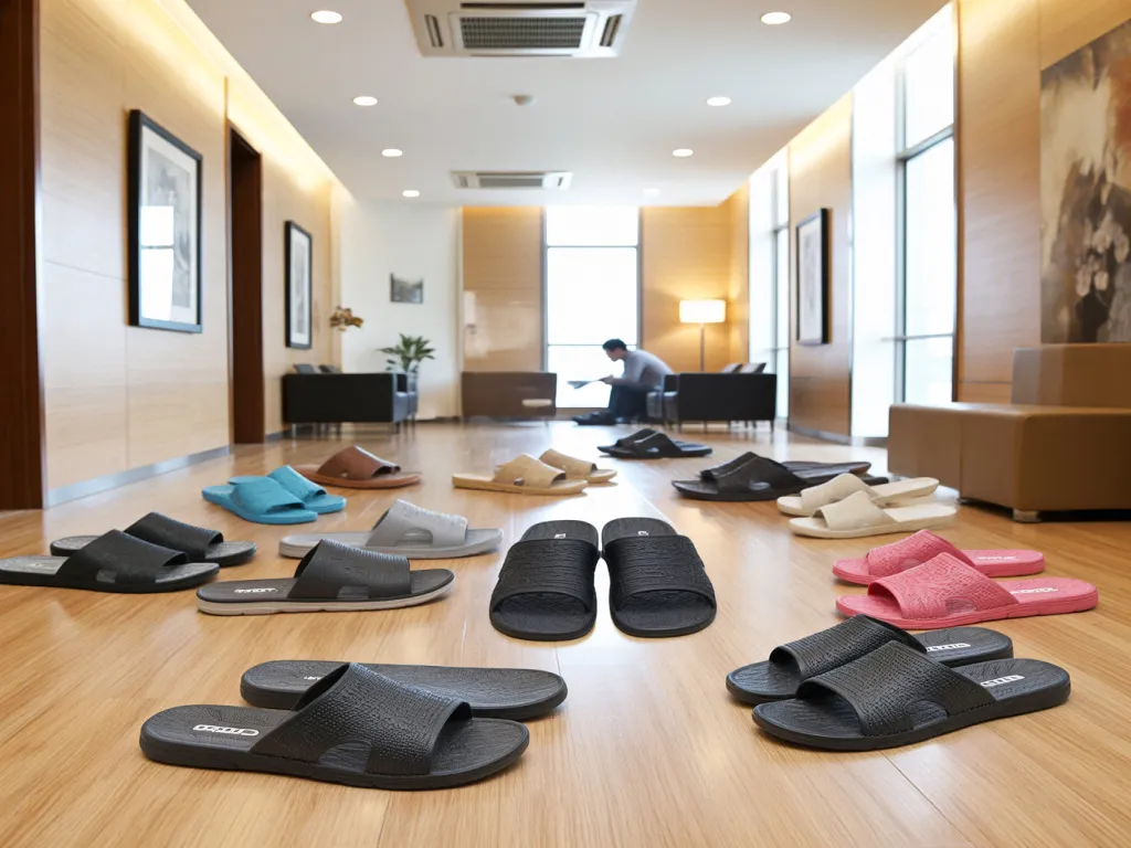 Assorted hotel slippers displayed on a wooden floor
