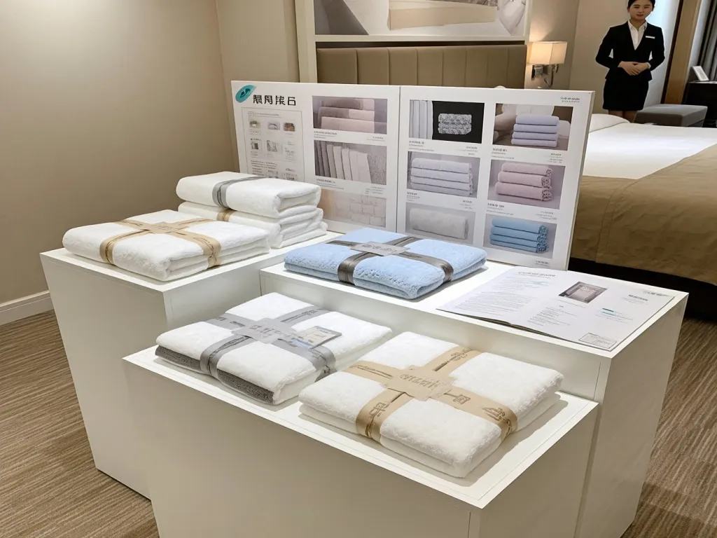 Display of hotel towel sets in a showroom