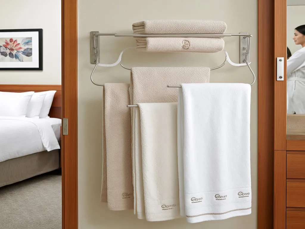 Hotel bath towel sets neatly hung in a hotel room