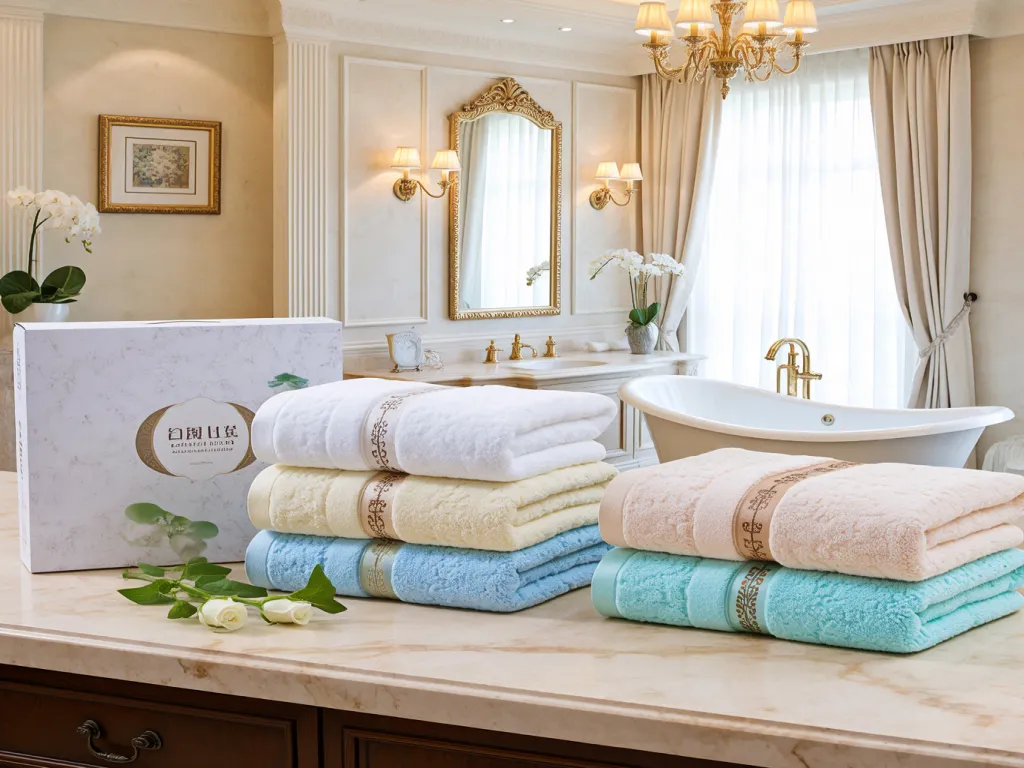 Luxury hotel towel set displayed in a stylish bathroom