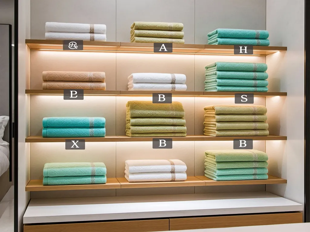 Organized shelf of hotel towel sets with labels