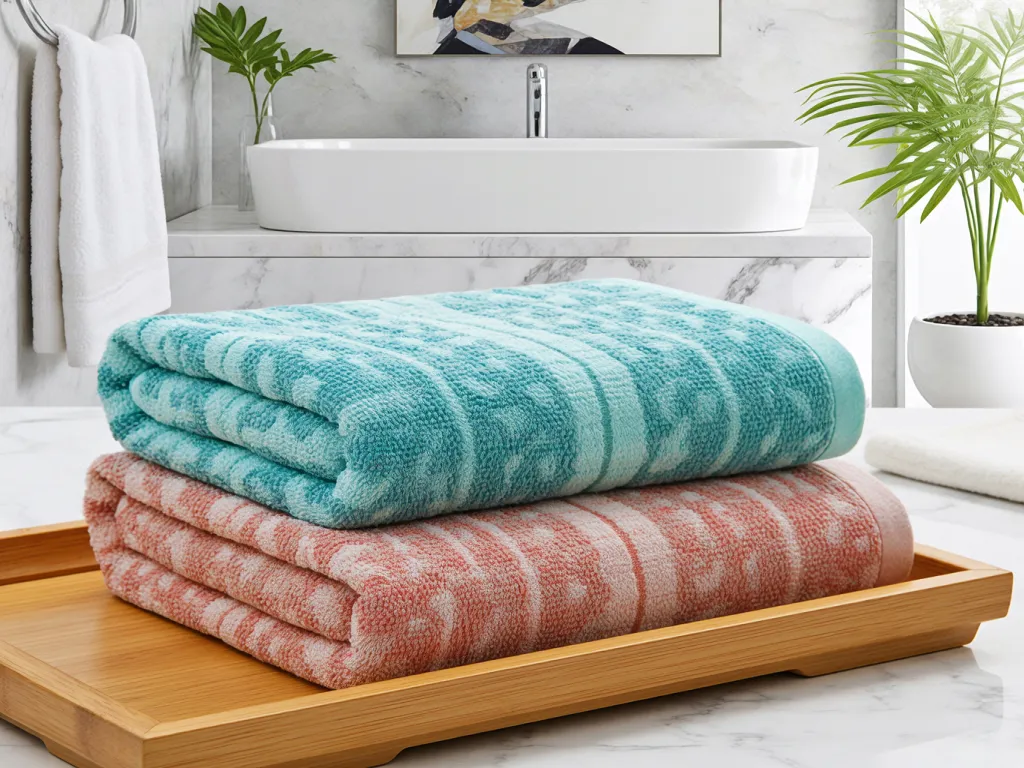 Stacked hotel towel sets in a bathroom setting