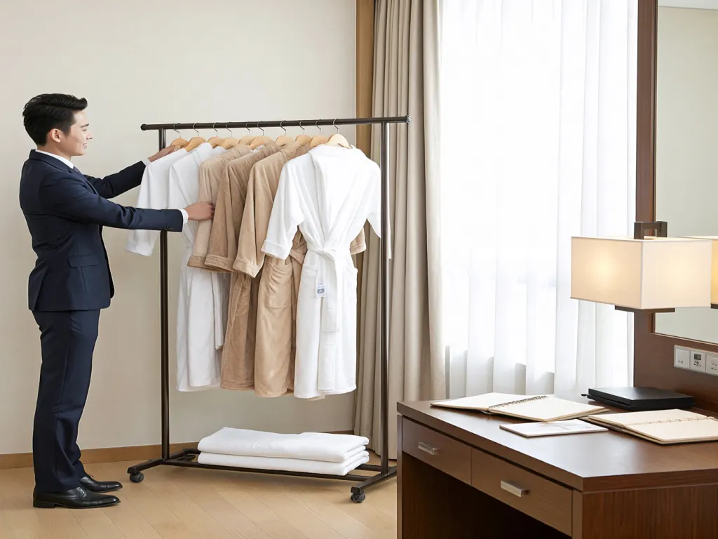 A man selects hotel bathrobes in a room