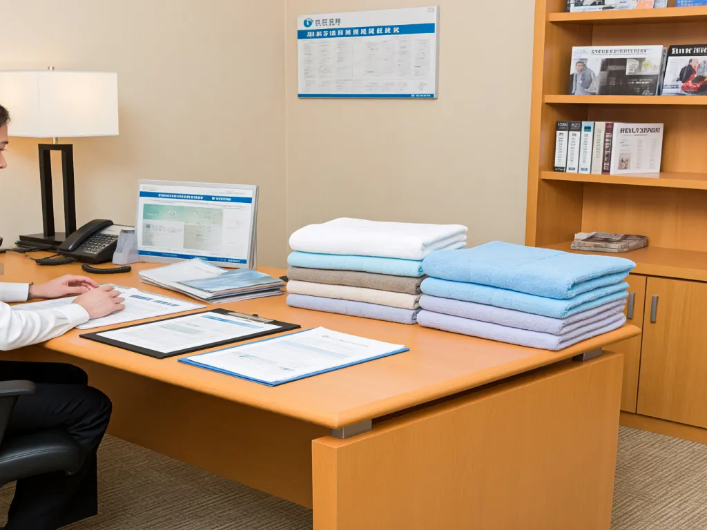 Office desk with stacks of hotel towels and paperwork