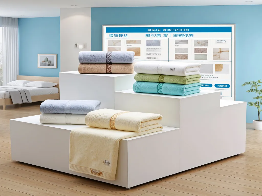 Assorted luxury hotel towels displayed on white platforms