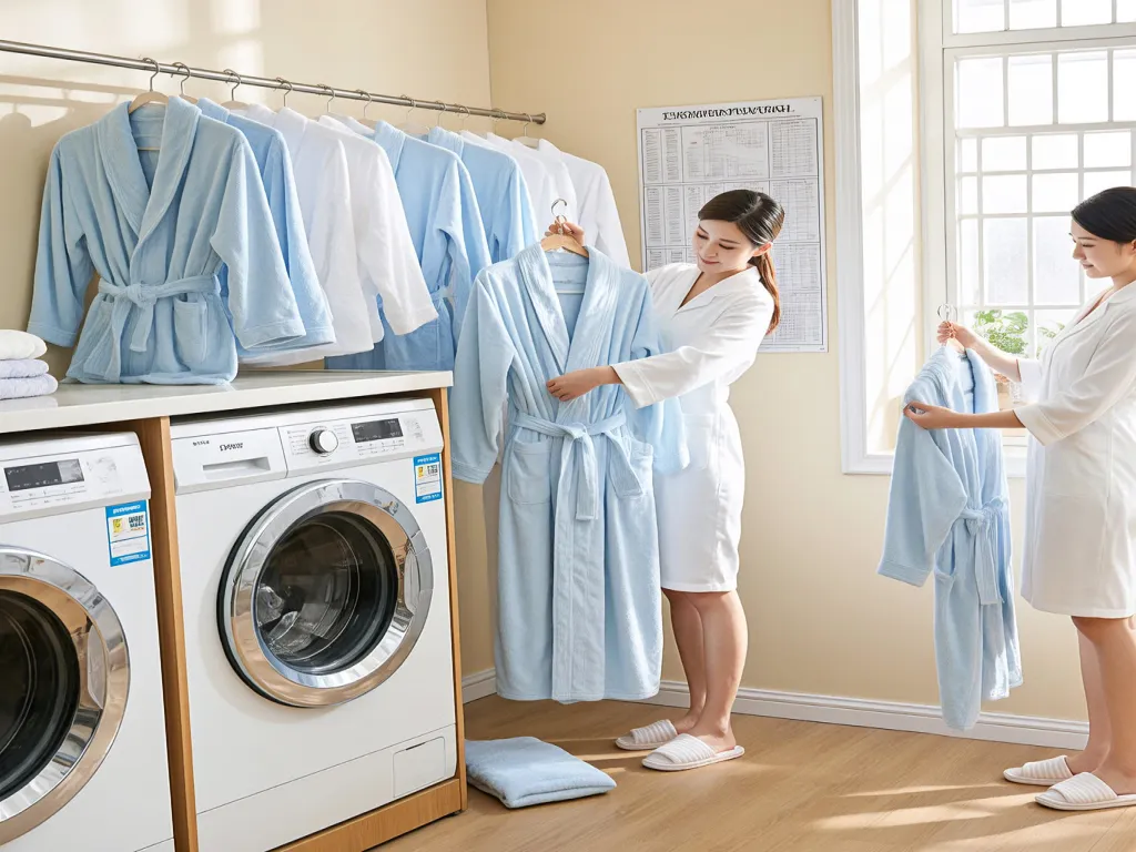 Laundry room with hotel bathrobes ready for washing