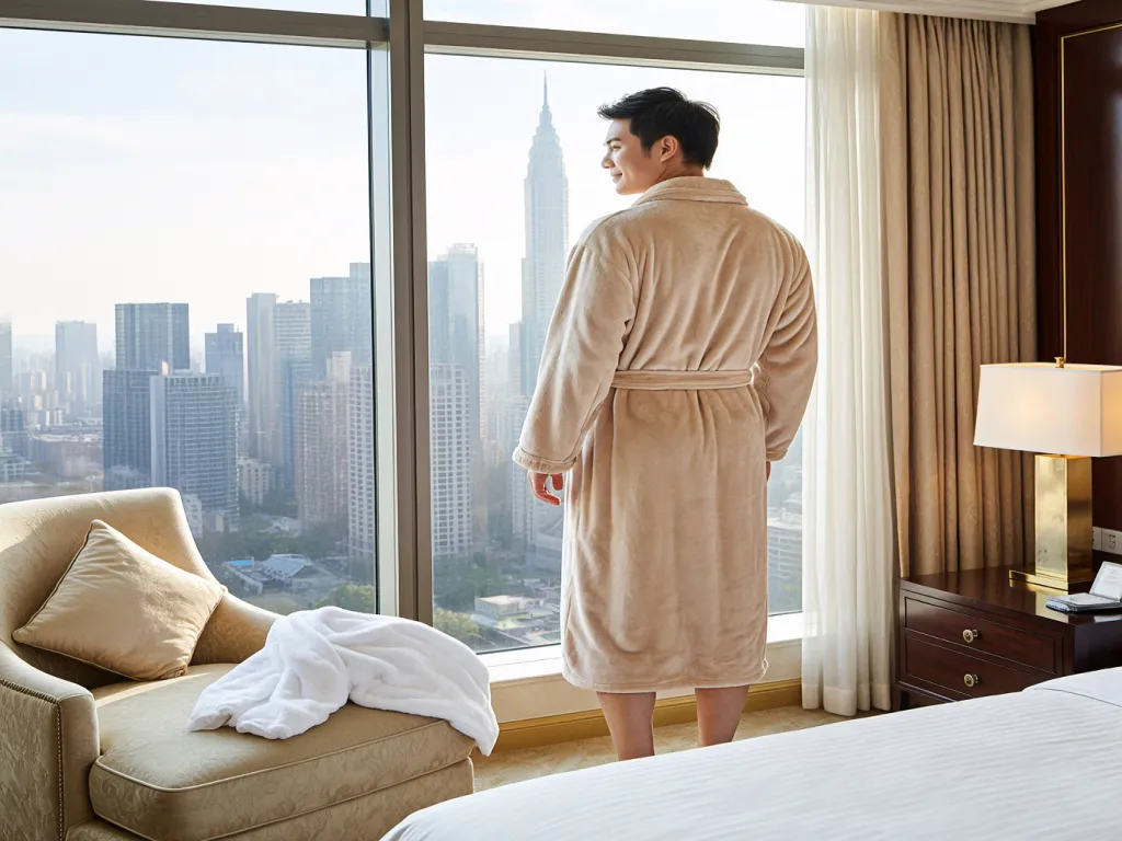 Man in beige hotel quality bathrobe looking out window