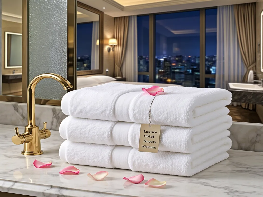 Stack of luxury hotel towels with a tag on a marble counter