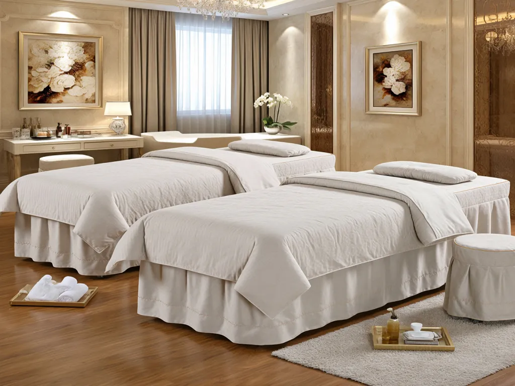 Luxury spa sheets in a beige spa room setting
