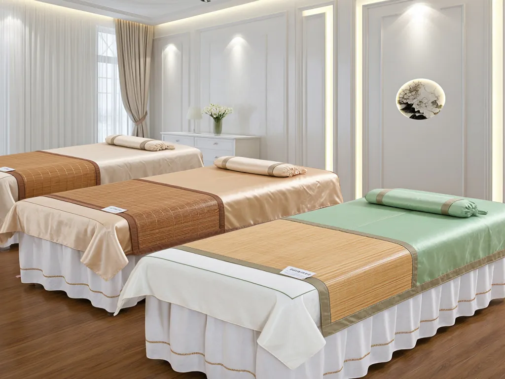 Luxury spa sheets on beds in different colors