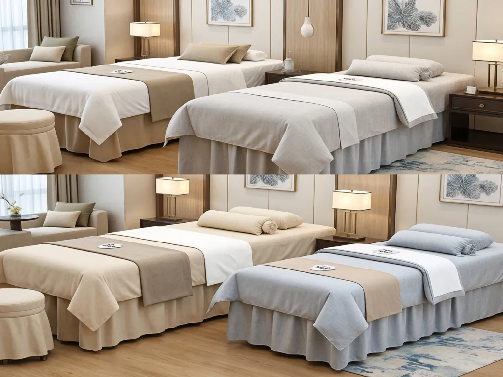 Luxury spa sheets in neutral tones on beds