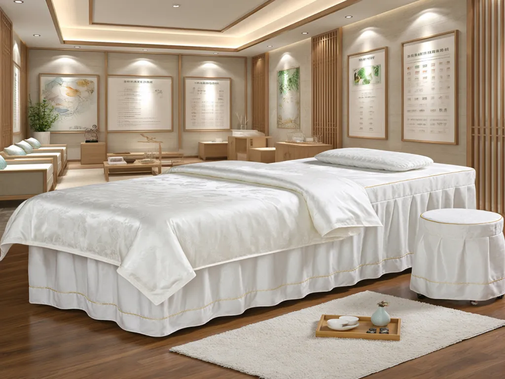 Luxury spa sheets on a white bed in a spa room