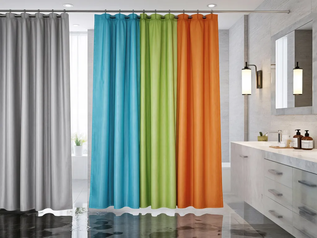 Multi-colored hotel shower curtains in a bathroom