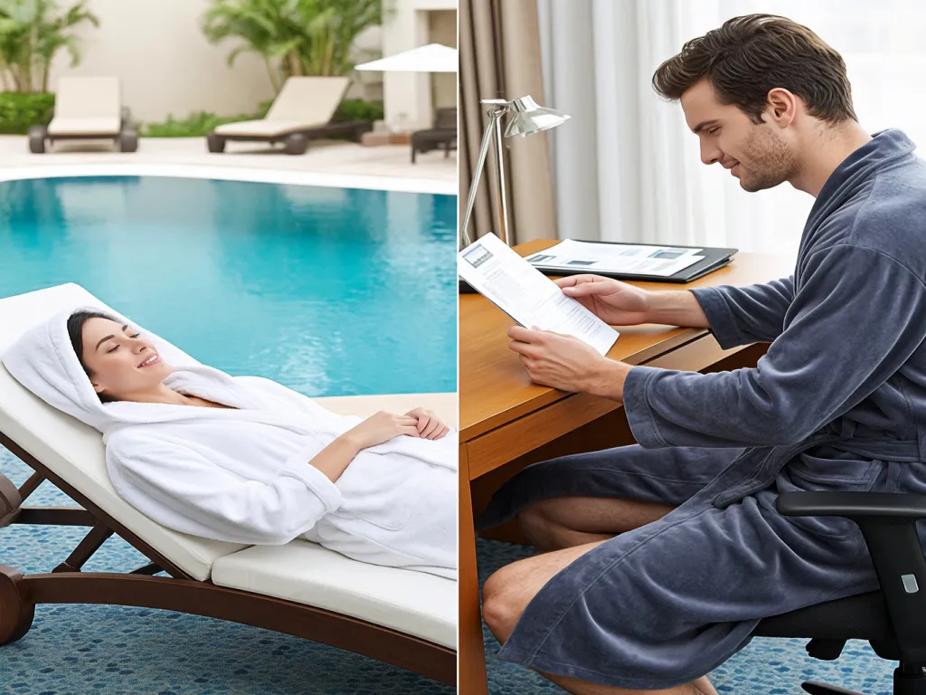 People relaxing and working in hotel quality bathrobes