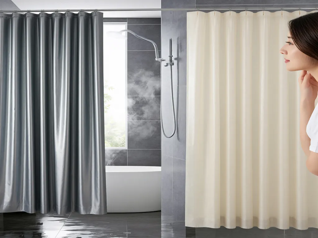 Silver and cream hotel shower curtains with steam