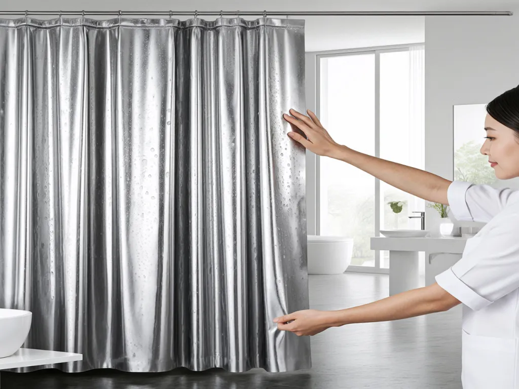 A silver hotel shower curtain with water drops