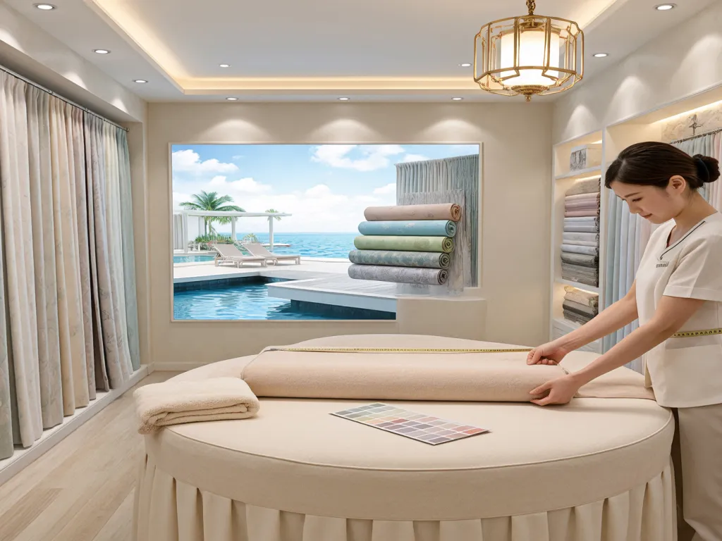 Spa linen selection display with a consultant