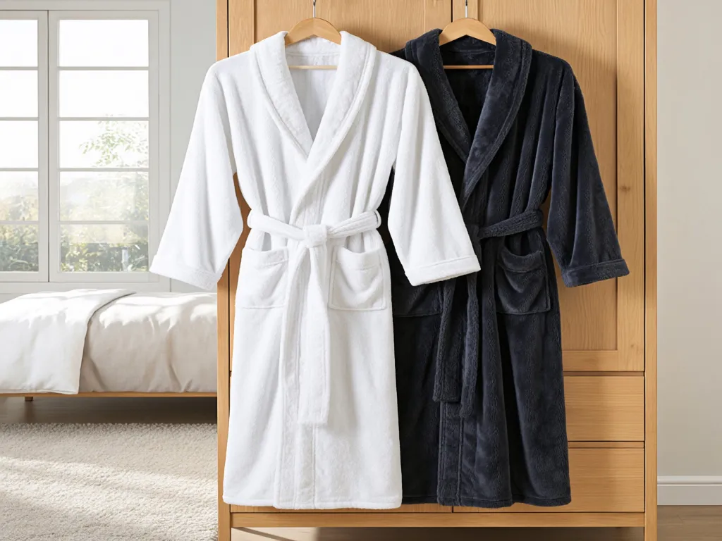 White and dark hotel quality bathrobes hanging on wardrobe