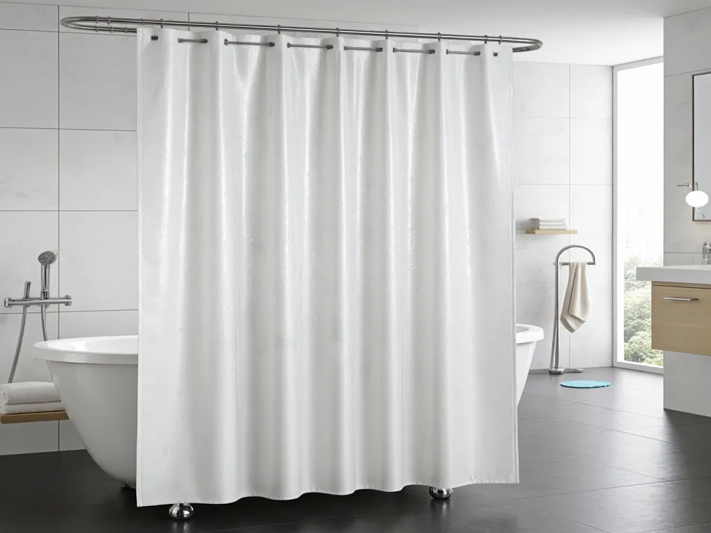 A white hotel shower curtain in a modern bathroom