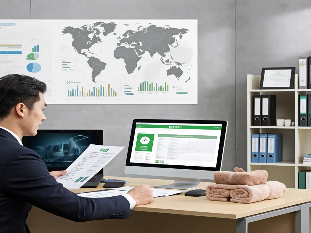 A businessman reviewing documents and towel orders on a computer