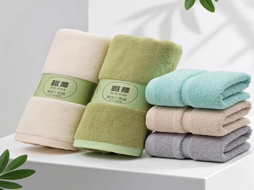 A set of colored hotel towels with labels