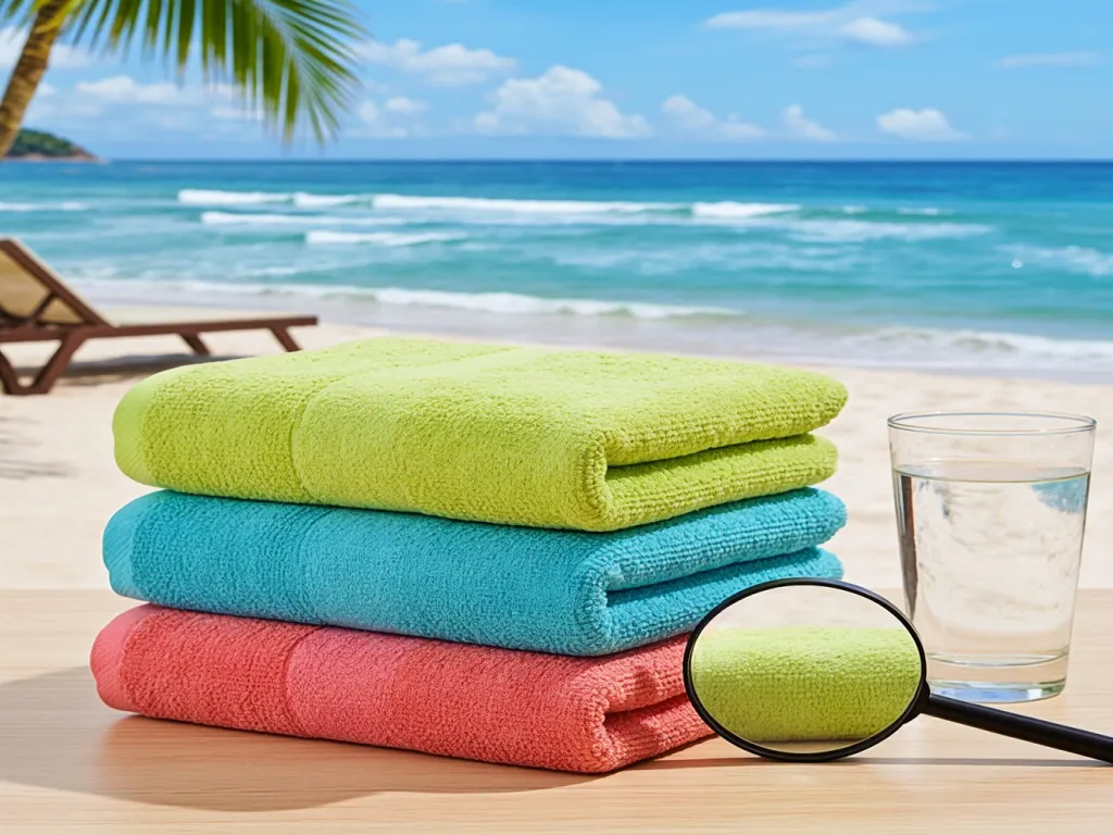 Colorful hotel beach towels stacked on a beach