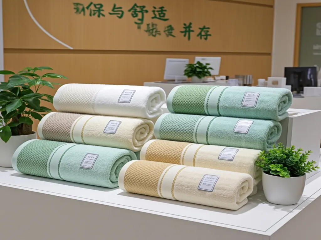 Eco-friendly hotel towels in various colors on display