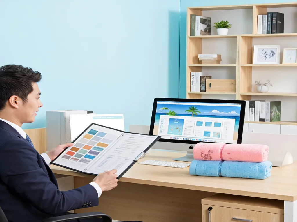 A man selects hotel beach towels from a catalog