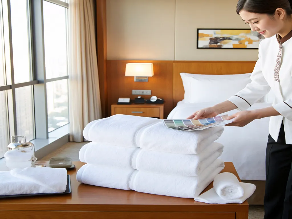 Hotel staff arranging white towels and linens in a room