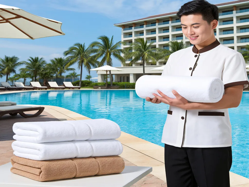 Hotel staff holding a towel by the poolside with lounge chairs and palm trees