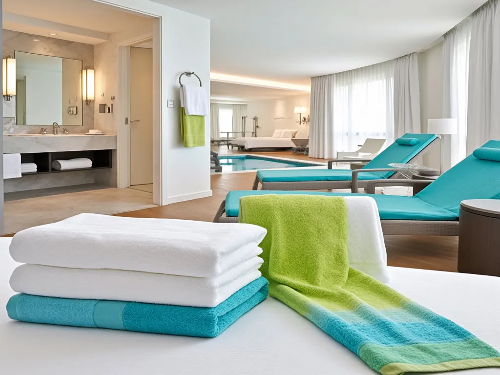 Luxury hotel towels neatly arranged in a modern hotel room